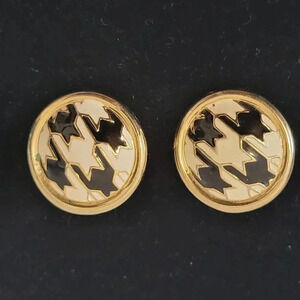 Vintage Estate Houndstooth Clip On Earrings Enamel Black White Gold Tone 1 1/4"